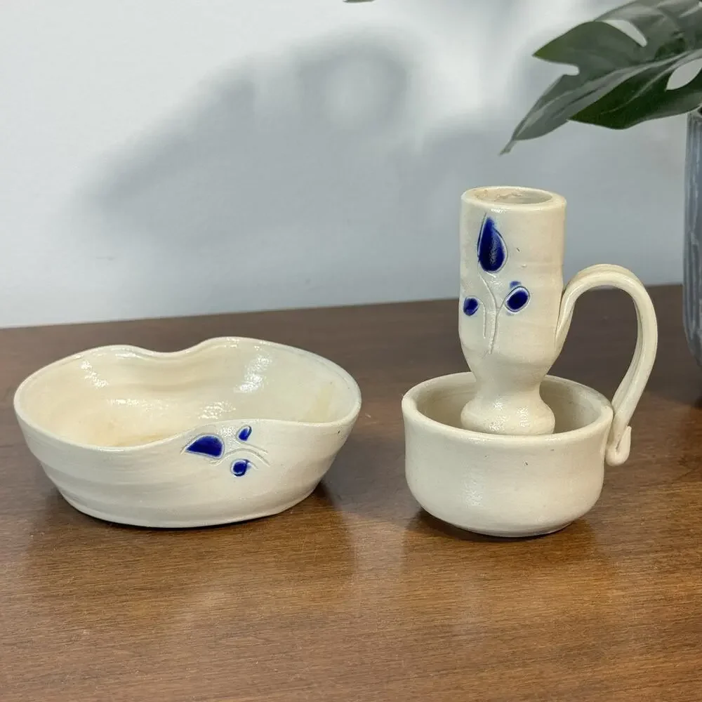 Vintage Handmade Pottery Candle Holder & Dish Set Cream Blue Studio Art Pottery
